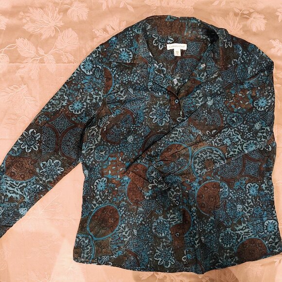 Coldwater Creek, Black and Blue Floral Button Up Blouse, XL, Like New! - Picture 2 of 4